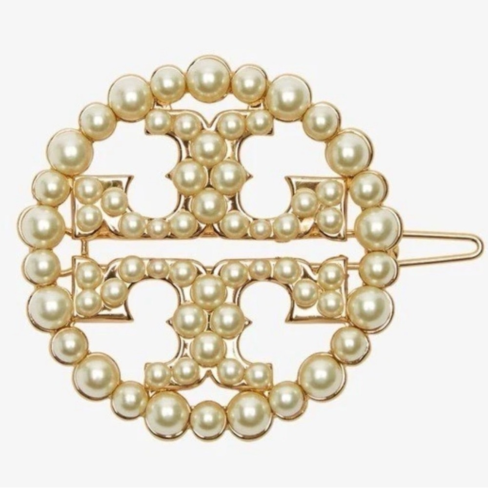 NWOT TORY BURCH Double T pearl-embellished hairpin Authentic Gold Pearl Ivory - Picture 1 of 4